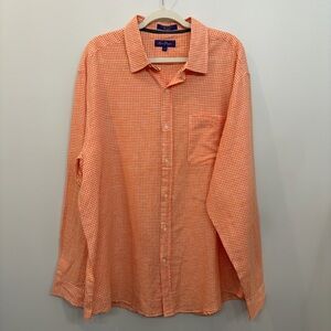 Alan Flusser Men's Linen Blend Botton Front Shirt Size XL Orange White Gingham